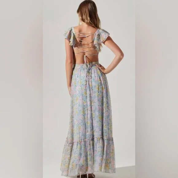 New ASTER the label revolve Primrose Floral Strappy Back Maxi Dress blue  pink